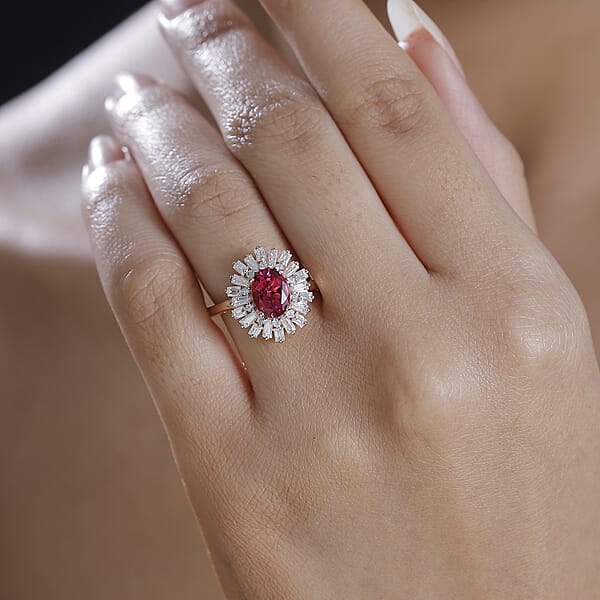 Luxuriant Premium Bixbite (LG) and Moissanite 1.90 ctw Scarlet Starburst Ring in 18K Vermeil Rose Gold Over Sterling Silver (Size 10.0)