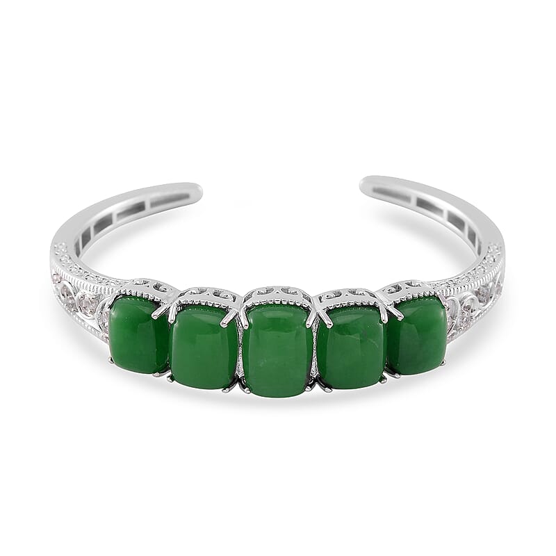 Karis Green Jade and White Zircon 35.70 ctw Cuff Bracelet in in Silvertone (6.50 In)
