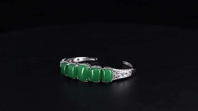 Karis Green Jade and White Zircon 35.70 ctw Cuff Bracelet in in Silvertone (6.50 In)