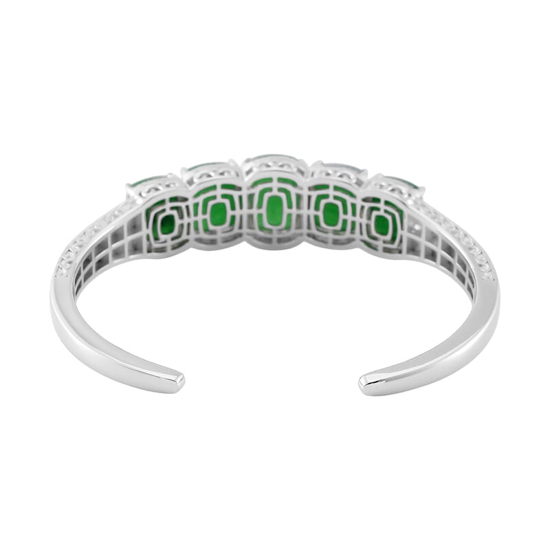 Karis Green Jade and White Zircon 35.70 ctw Cuff Bracelet in in Silvertone (6.50 In)