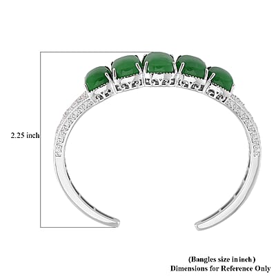 Karis Green Jade and White Zircon 35.70 ctw Cuff Bracelet in in Silvertone (6.50 In)