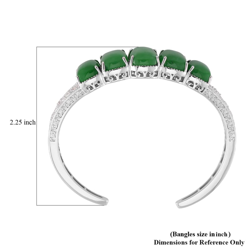 Karis Green Jade and White Zircon 35.70 ctw Cuff Bracelet in in Silvertone (6.50 In)