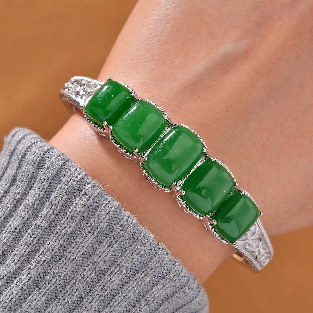 Karis Green Jade and White Zircon 35.70 ctw Cuff Bracelet in in Silvertone (7.25 In) image number 1