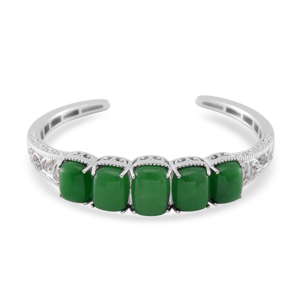 Karis Green Jade (D) and White Zircon 35.70 ctw Cuff Bracelet in in Silvertone (8.0 In) image number 0