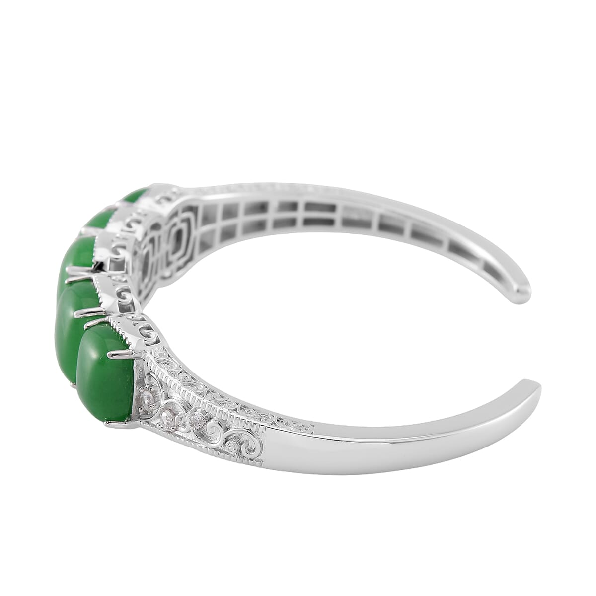 Karis Green Jade (D) and White Zircon 35.70 ctw Cuff Bracelet in in Silvertone (8.0 In) image number 2
