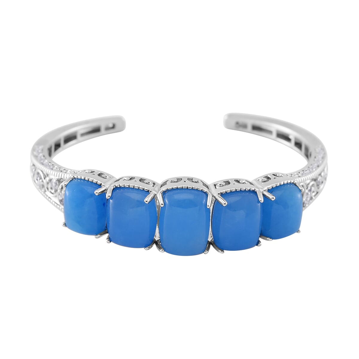 Karis Blue Jade (D) and White Zircon 35.60 ctw Cuff Bracelet in in Silvertone (8.0 In) image number 0