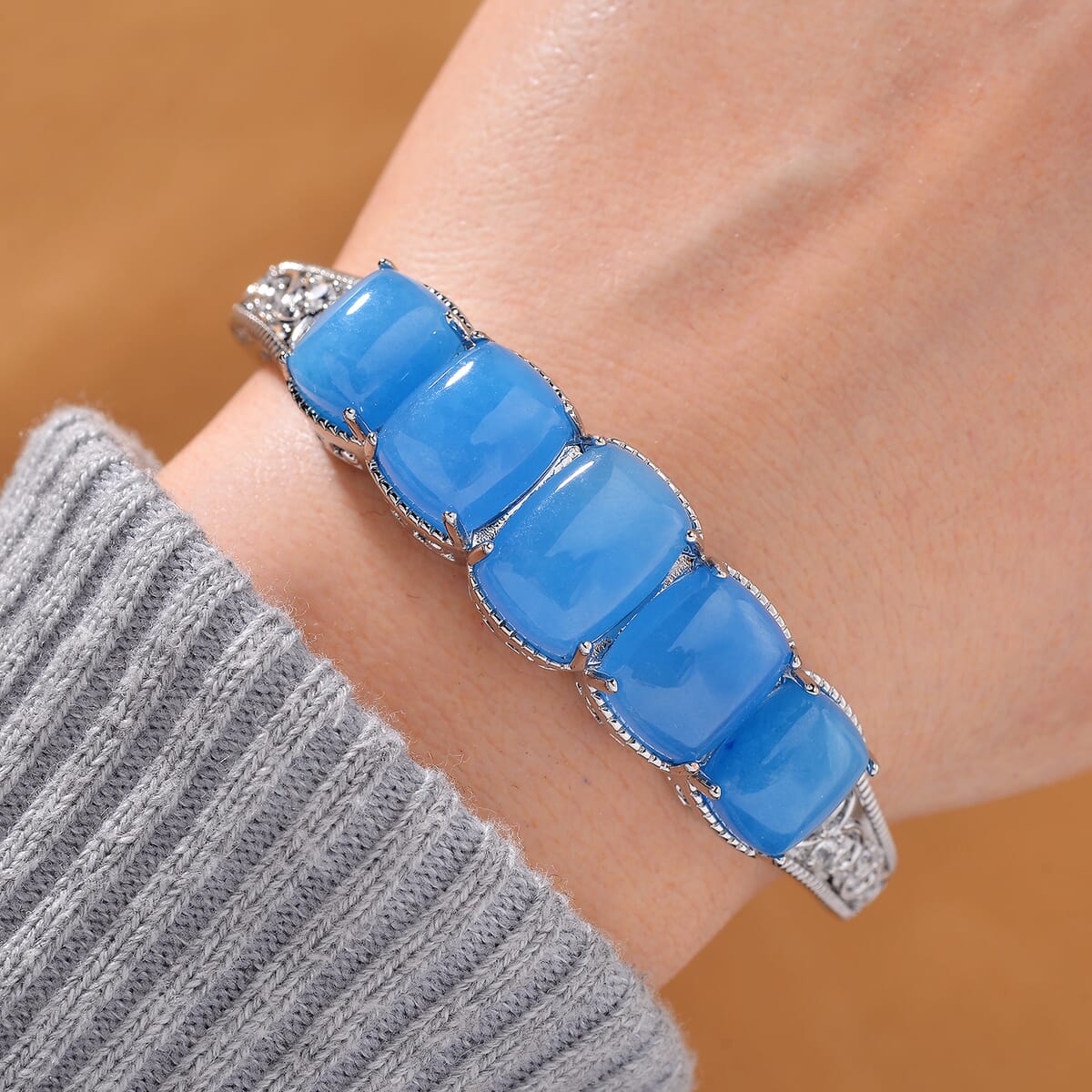 Karis Blue Jade (D) and White Zircon 35.60 ctw Cuff Bracelet in in Silvertone (8.0 In) image number 1