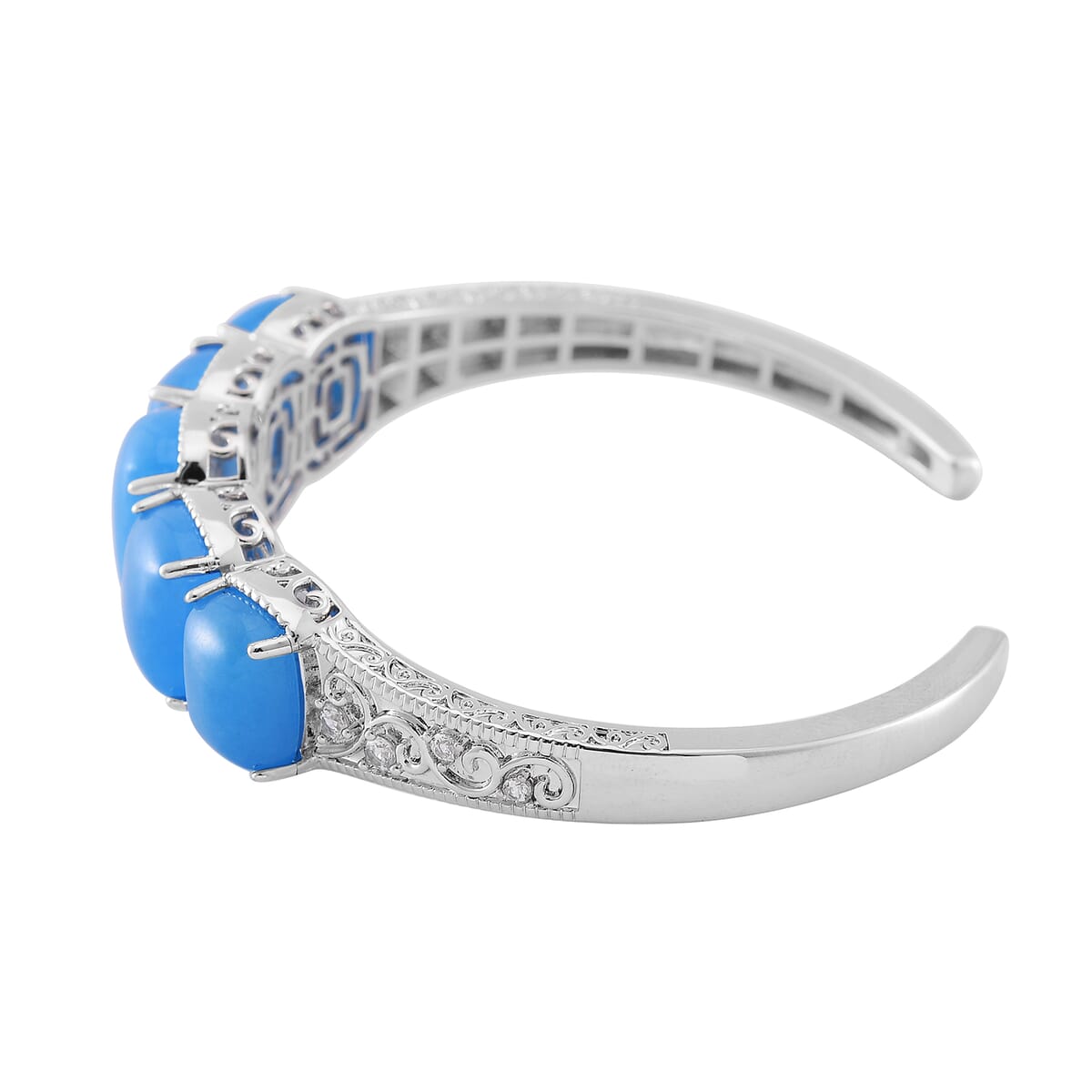 Karis Blue Jade (D) and White Zircon 35.60 ctw Cuff Bracelet in in Silvertone (8.0 In) image number 2