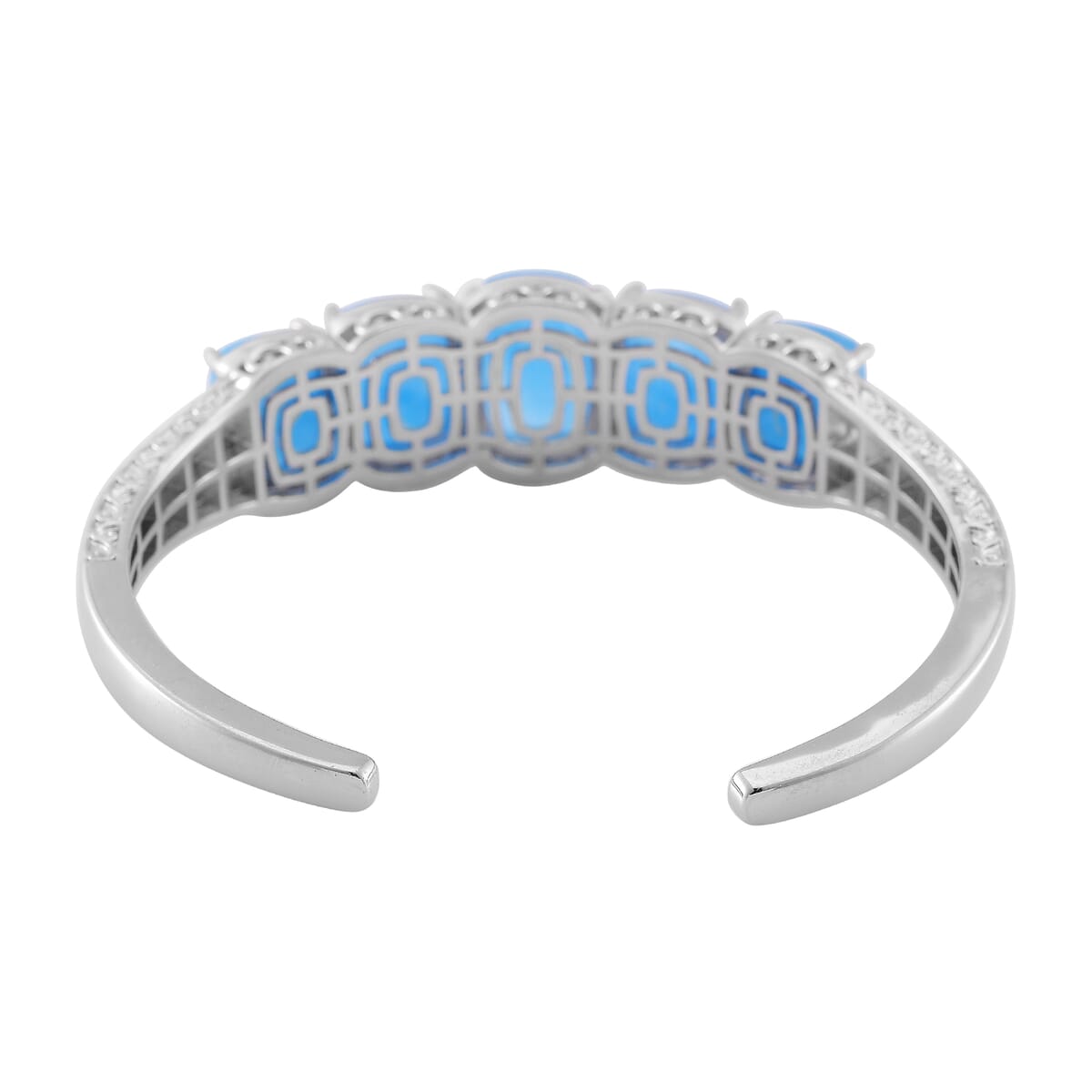 Karis Blue Jade (D) and White Zircon 35.60 ctw Cuff Bracelet in in Silvertone (8.0 In) image number 3