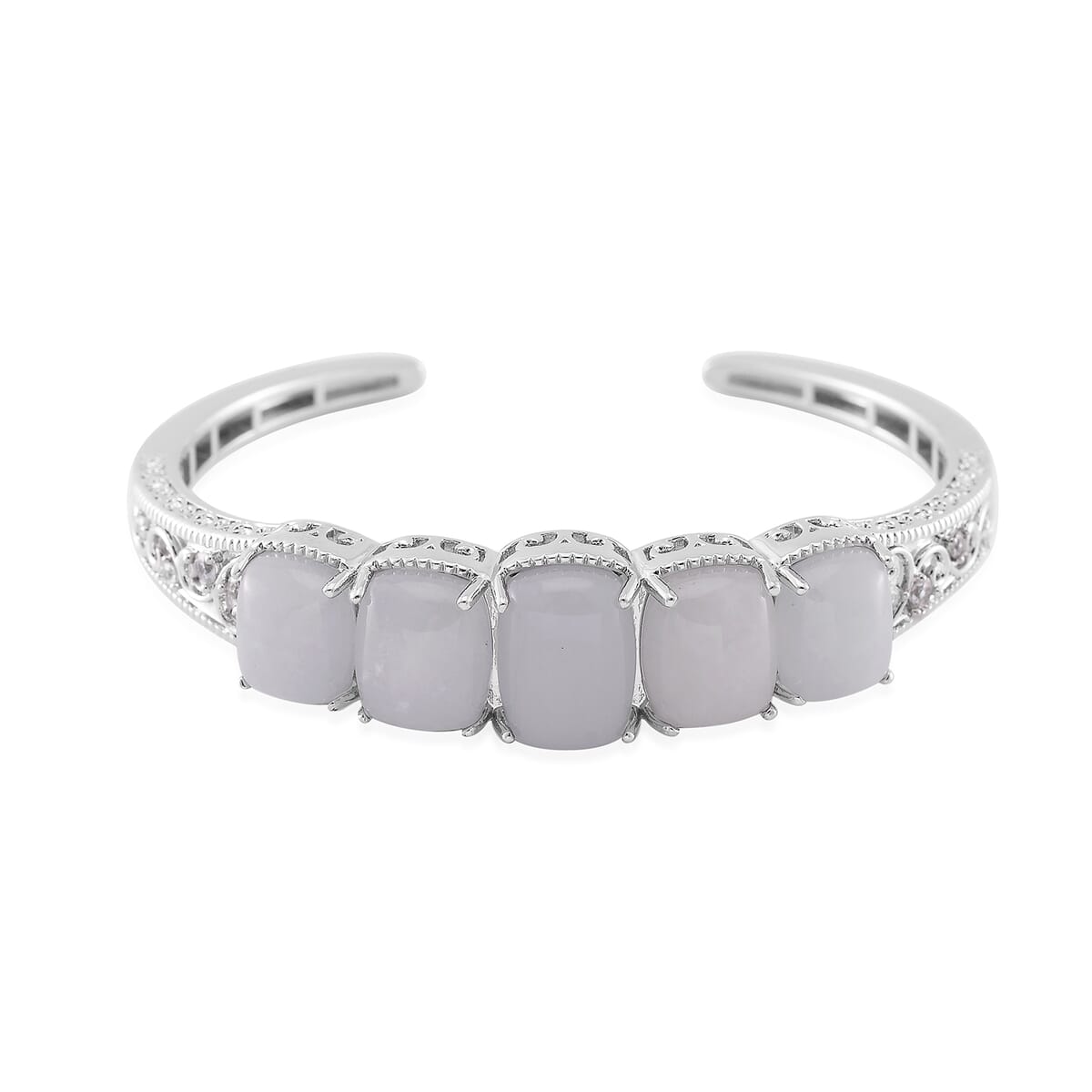 Karis Natural Jade and White Zircon 34.90 ctw Cuff Bracelet in Silvertone (6.50 In) image number 0