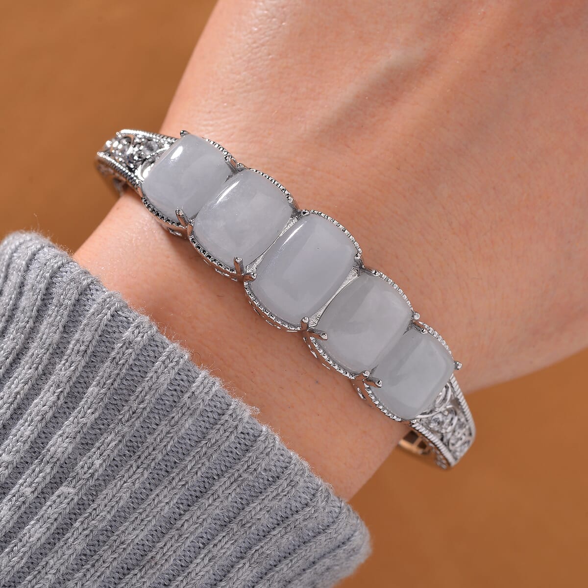 Karis Natural Jade and White Zircon 34.90 ctw Cuff Bracelet in Silvertone (6.50 In) image number 1
