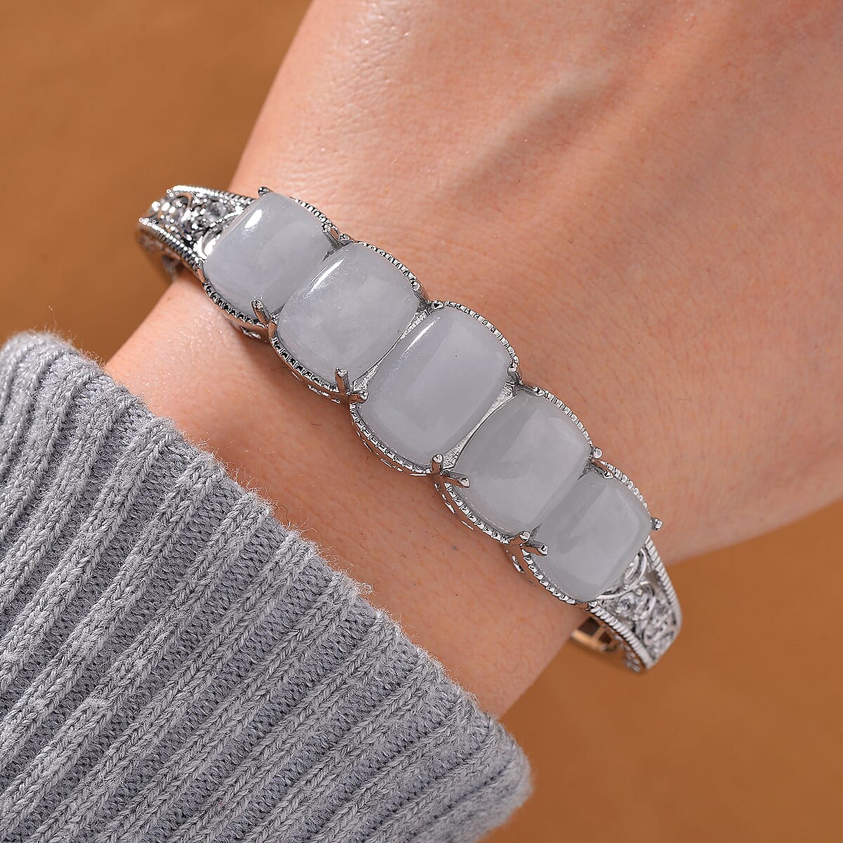 Karis Natural Jade and White Zircon 34.90 ctw Cuff Bracelet in Silvertone (8.0 In) image number 1