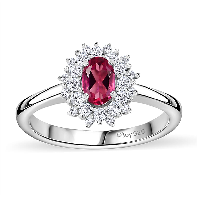 Luxuriant Premium Bixbite (LG) and White Zircon 0.85 ctw Crimson Bloom Ring in Rhodium Over Sterling Silver (Size 10.0)