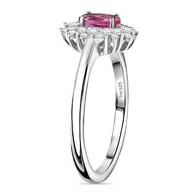 Luxuriant Premium Bixbite (LG) and White Zircon 0.85 ctw Crimson Bloom Ring in Rhodium Over Sterling Silver (Size 10.0)
