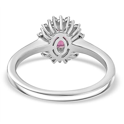 Luxuriant Premium Bixbite (LG) and White Zircon 0.85 ctw Crimson Bloom Ring in Rhodium Over Sterling Silver (Size 10.0)