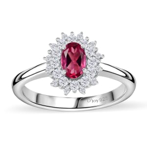 Luxuriant Premium Bixbite (LG) and White Zircon 0.85 ctw Crimson Bloom Ring in Rhodium Over Sterling Silver (Size 6.0)