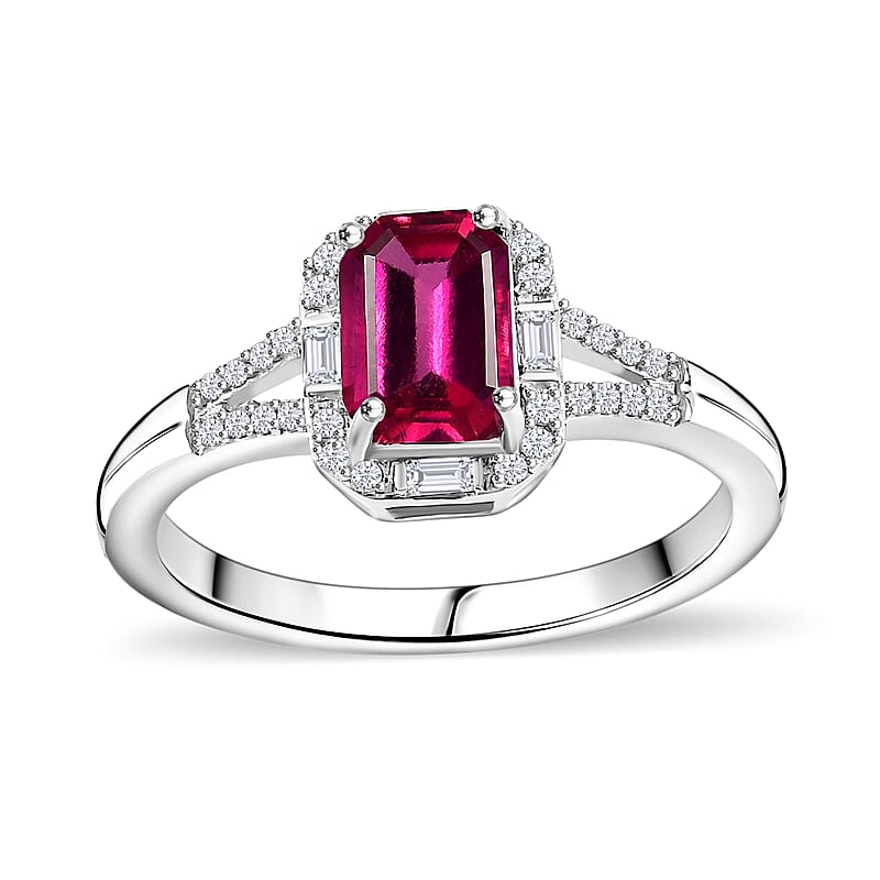 Luxuriant Premium Bixbite (LG) and Moissanite 1.35 ctw Scarlet Radiance Ring in Rhodium Over Sterling Silver (Size 10.0)