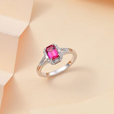 Luxuriant Premium Bixbite (LG) and Moissanite 1.35 ctw Scarlet Radiance Ring in Rhodium Over Sterling Silver (Size 10.0)