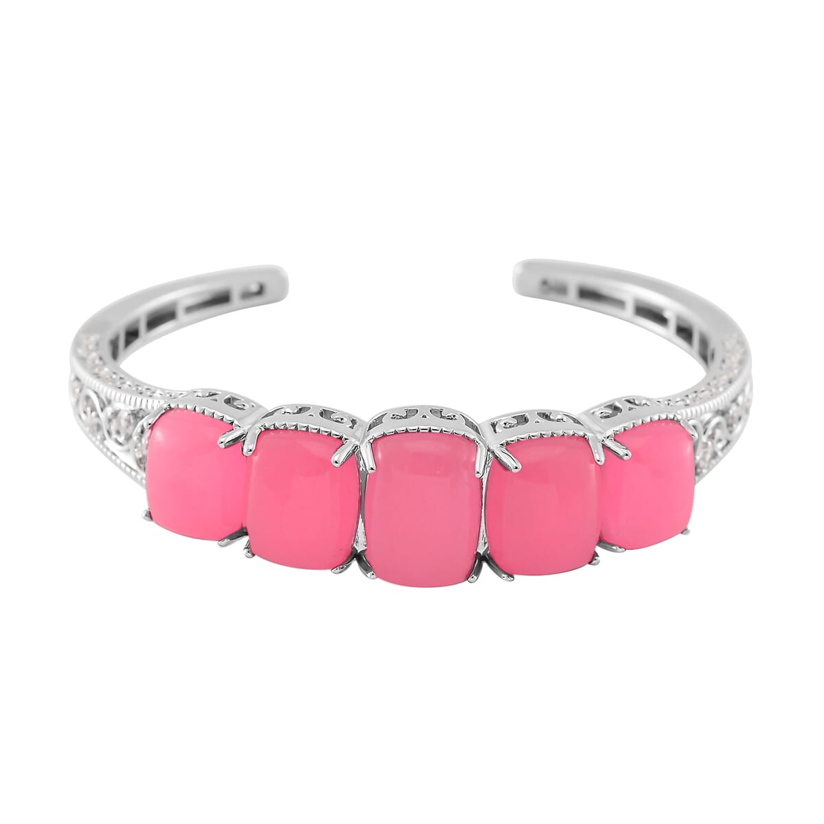 Karis Pink Jade (D) and White Zircon 35.25 ctw Cuff Bracelet in Silvertone (6.50 In) image number 0