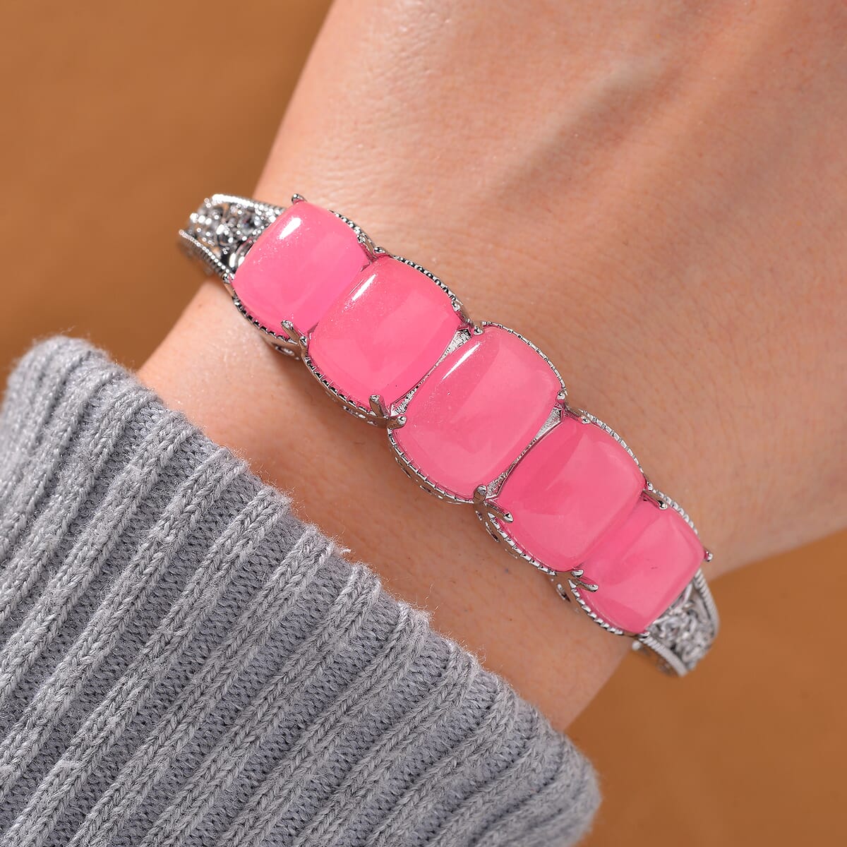 Karis Pink Jade (D) and White Zircon 35.25 ctw Cuff Bracelet in Silvertone (6.50 In) image number 1