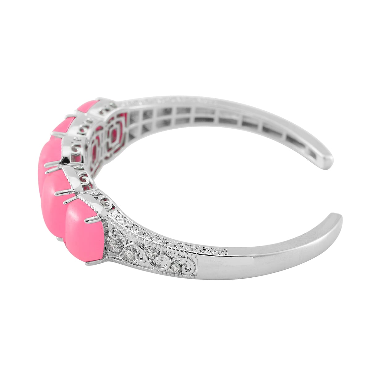 Karis Pink Jade (D) and White Zircon 35.25 ctw Cuff Bracelet in Silvertone (6.50 In) image number 2