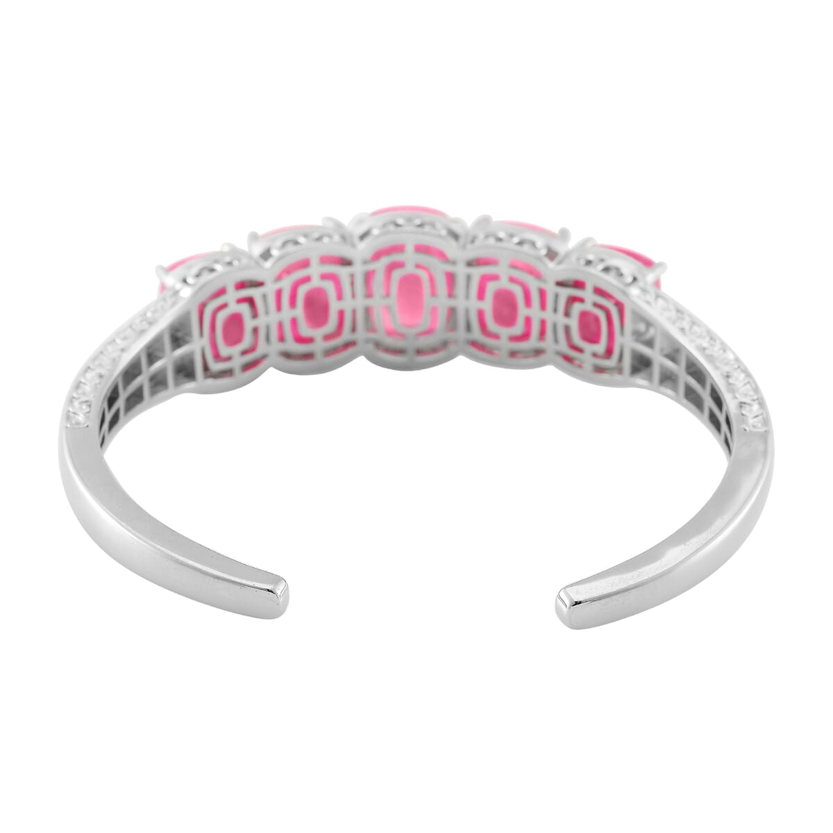 Karis Pink Jade (D) and White Zircon 35.25 ctw Cuff Bracelet in Silvertone (6.50 In) image number 3