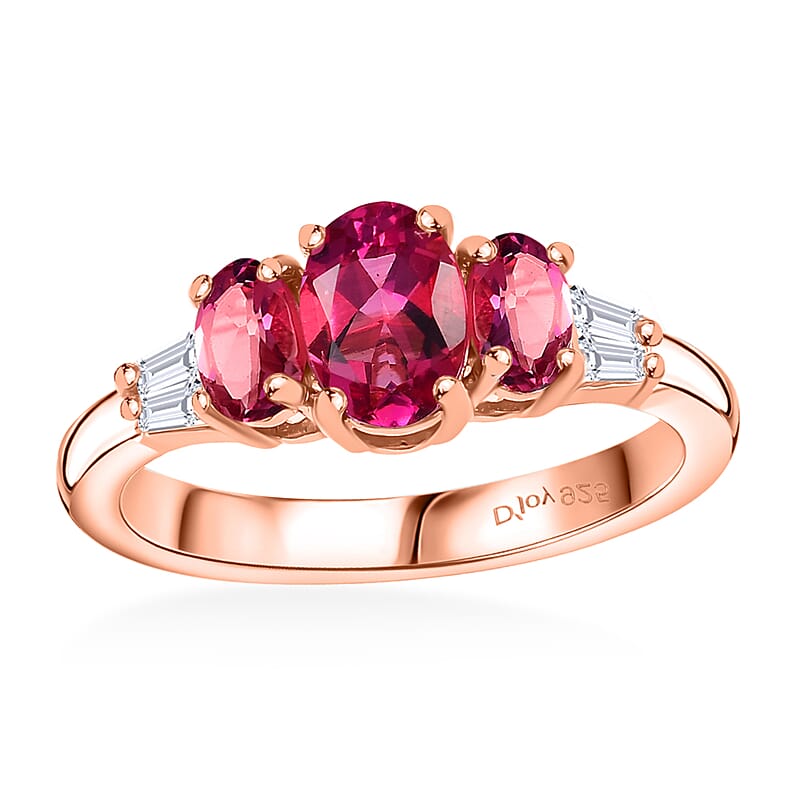 Luxuriant Premium Bixbite (LG) and Moissanite 1.25 ctw Trilogy Ring in 18K Vermeil Rose Gold Over Sterling Silver (Size 10.0)