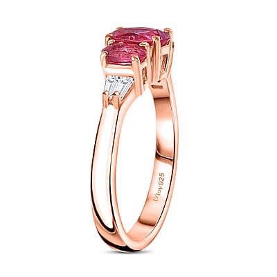 Luxuriant Premium Bixbite (LG) and Moissanite 1.25 ctw Trilogy Ring in 18K Vermeil Rose Gold Over Sterling Silver (Size 10.0)