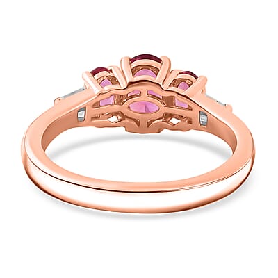 Luxuriant Premium Bixbite (LG) and Moissanite 1.25 ctw Trilogy Ring in 18K Vermeil Rose Gold Over Sterling Silver (Size 10.0)