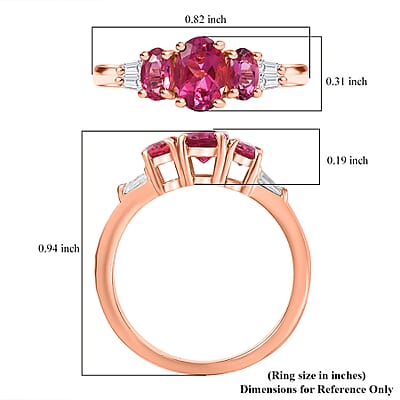 Luxuriant Premium Bixbite (LG) and Moissanite 1.25 ctw Trilogy Ring in 18K Vermeil Rose Gold Over Sterling Silver (Size 10.0)