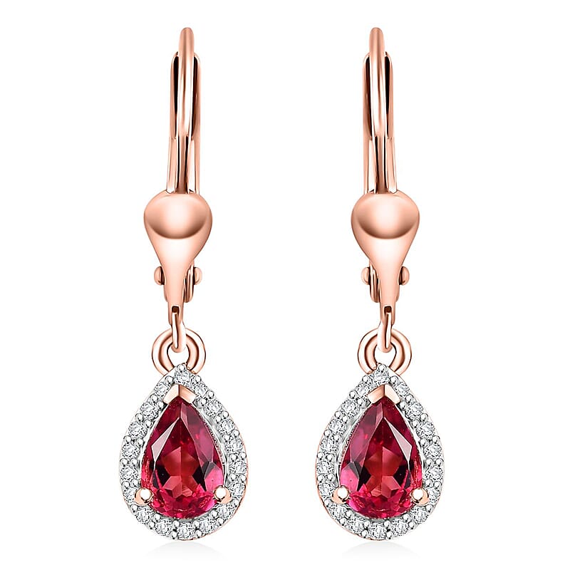 Luxuriant Premium Bixbite (LG) and White Zircon 0.90 ctw Lever Back Earrings in 18K Vermeil RG Over Sterling Silver