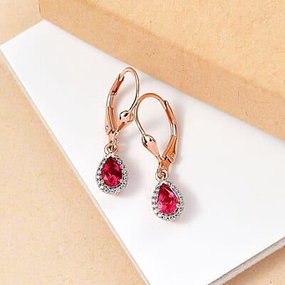 Luxuriant Premium Bixbite (LG) and White Zircon 0.90 ctw Lever Back Earrings in 18K Vermeil RG Over Sterling Silver
