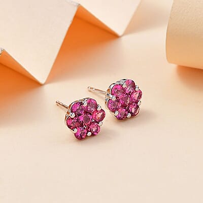 Luxuriant Premium Bixbite (LG) 1.50 ctw Floral Stud Earrings in Rhodium Over Sterling Silver