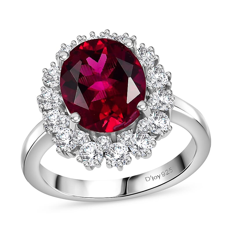 Premium Lab Created Bixbite and Moissanite 5.10 ctw Royal Scarlet Ring in Rhodium Over Sterling Silver (Size 10.0)