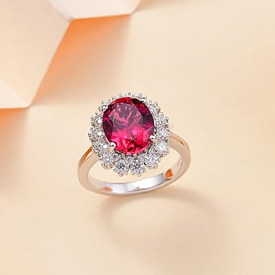 Premium Lab Created Bixbite and Moissanite 5.10 ctw Royal Scarlet Ring in Rhodium Over Sterling Silver (Size 10.0)