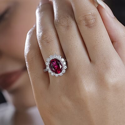 Premium Lab Created Bixbite and Moissanite 5.10 ctw Royal Scarlet Ring in Rhodium Over Sterling Silver (Size 10.0)