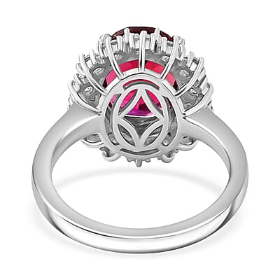 Premium Lab Created Bixbite and Moissanite 5.10 ctw Royal Scarlet Ring in Rhodium Over Sterling Silver (Size 10.0)