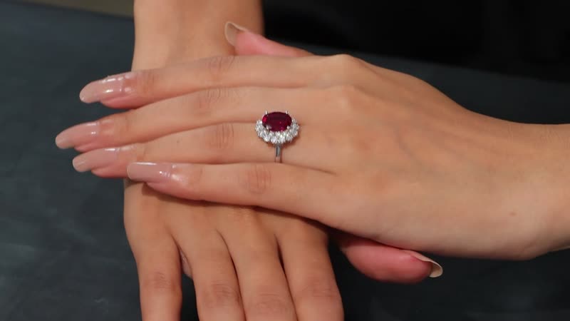 Premium Lab Created Bixbite and Moissanite 5.10 ctw Royal Scarlet Ring in Rhodium Over Sterling Silver