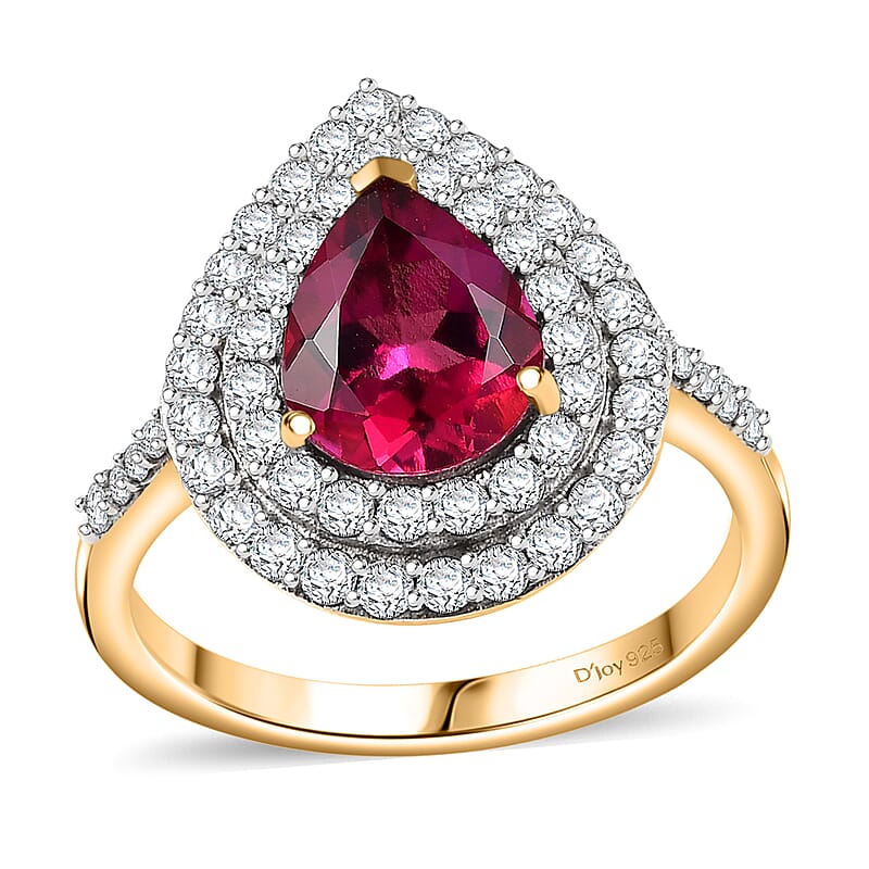 Luxuriant Premium Bixbite (LG) and Moissanite 3.00 ctw Double Halo Ring in 18K Vermeil Yellow Gold Over Sterling Silver (Size 10.0)