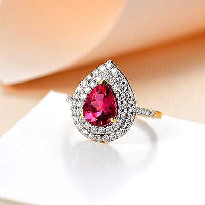 Luxuriant Premium Bixbite (LG) and Moissanite 3.00 ctw Double Halo Ring in 18K Vermeil Yellow Gold Over Sterling Silver (Size 10.0)