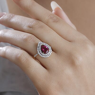 Luxuriant Premium Bixbite (LG) and Moissanite 3.00 ctw Double Halo Ring in 18K Vermeil Yellow Gold Over Sterling Silver (Size 10.0)