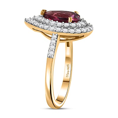 Luxuriant Premium Bixbite (LG) and Moissanite 3.00 ctw Double Halo Ring in 18K Vermeil Yellow Gold Over Sterling Silver (Size 10.0)
