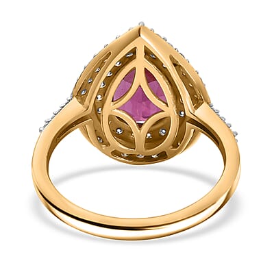 Luxuriant Premium Bixbite (LG) and Moissanite 3.00 ctw Double Halo Ring in 18K Vermeil Yellow Gold Over Sterling Silver (Size 10.0)