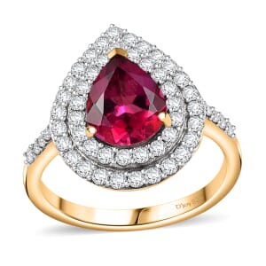 Luxuriant Premium Bixbite (LG) and Moissanite 3.00 ctw Double Halo Ring in 18K Vermeil Yellow Gold Over Sterling Silver (Size 7.0)