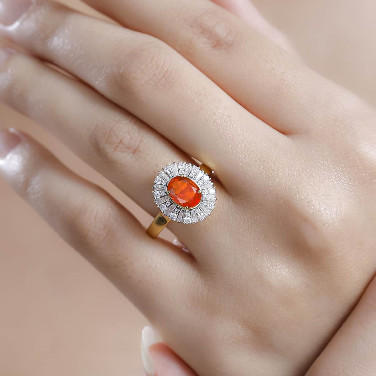 AAA Buriti Fire Opal and Moissanite 1.60 ctw Radiant Sunset Ring in 18K Vermeil Yellow Gold Over Sterling Silver (Size 10.0) (Del. in 10-12 Days) image number 2