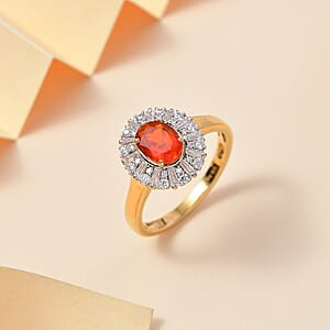 D'Joy AAA Buriti Fire Opal and Moissanite 1.60 ctw Radiant Sunset Ring in 18K Vermeil Yellow Gold Over Sterling Silver (Size 6.0)