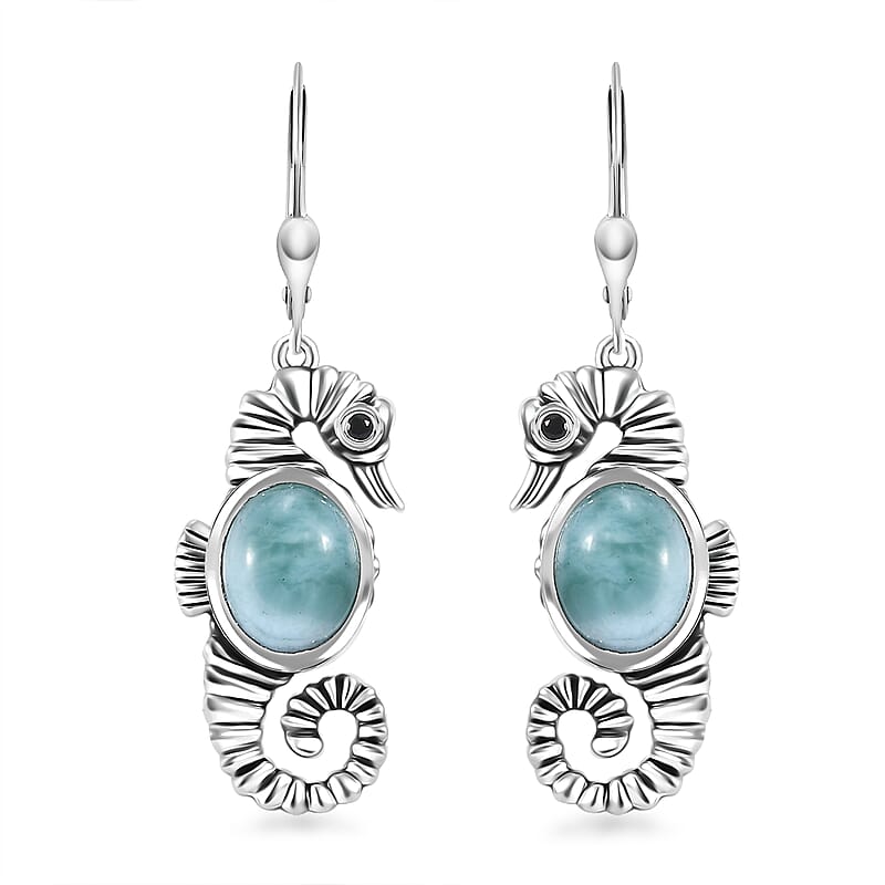 D'Joy Artisan Crafted Natural Green Larimar and Thai Black Spinel 6.70 ctw Seahorse Earrings in Black Oxidized Sterling Silver
