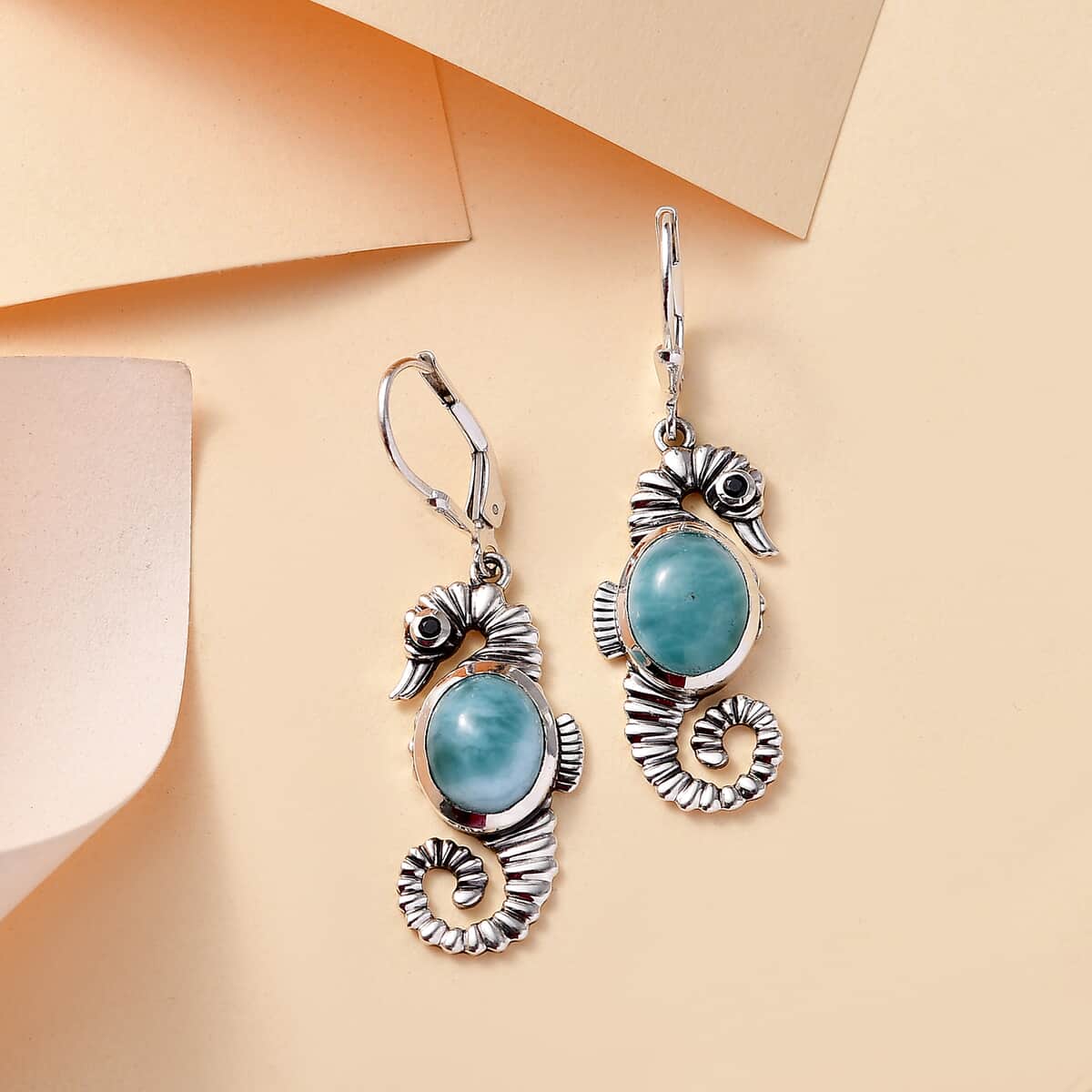 Artisan Crafted Natural Green Larimar and Thai Black Spinel 6.70 ctw Seahorse Earrings in Black Oxidized Sterling Silver image number 1