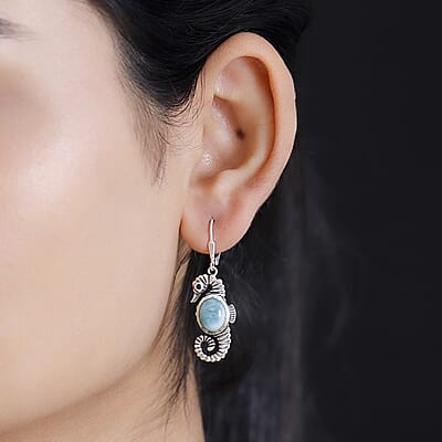D'Joy Artisan Crafted Natural Green Larimar and Thai Black Spinel 6.70 ctw Seahorse Earrings in Black Oxidized Sterling Silver