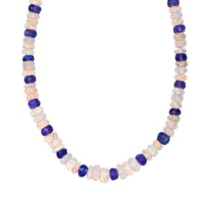 Premium Ethiopian Welo Opal and Tanzanite 61.00 ctw Beaded Necklace in Rhodium Over Sterling Silver 18 Inches